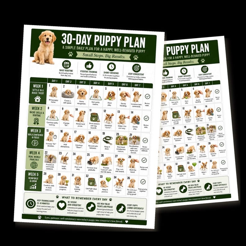 May include: A 30-day puppy plan chart featuring a golden retriever puppy, daily training tasks, and weekly goals. The document includes sections titled 30-Day Puppy Plan, A Simple Daily Plan for a Happy, Well-Behaved Puppy, and Small Steps. Big Results.
