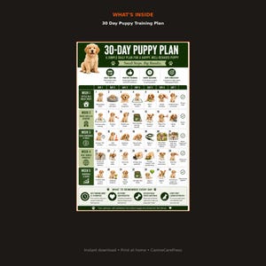 May include: A 30-day puppy training plan chart featuring a golden puppy image at the top, with a grid layout detailing daily tasks across five weeks. The document includes text headers, icons, and numbered boxes from 1 to 35, outlining steps for puppy care and behavior training.