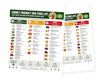 May include: A white informational chart titled Kidney Friendly Dog Food List for dogs with kidney disease. The document features three color-coded columns labeled Safe, Limit, and Avoid, with icons and text detailing food items for canine health.