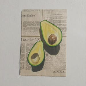 Food painting avocado in gouache original painting on newspaper