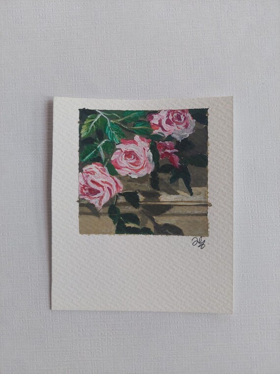 Pink Roses Art|original Gouache Polaroid Painting|vintage