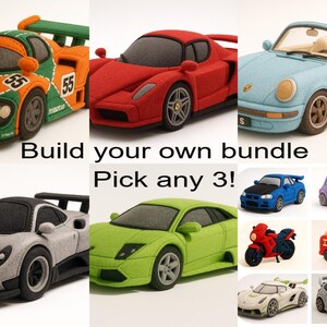 May include: A selection of toy cars in various colours, such as red, blue, and green. The image includes a Ferrari, a convertible, and a Lamborghini, plus a motorcycle and a fire engine. Text reads: "Build your own bundle. Pick any 3!"