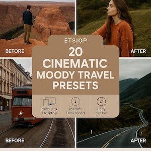 Cinematic Moody Travel Lightroom Presets | 20 Mobile & Desktop Filters | Warm Film Look | Instagram Aesthetic Editing Pack