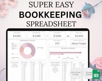 May include: A digital spreadsheet on a tablet screen, displaying financial data. The text "SUPER EASY BOOKKEEPING SPREADSHEET" is at the top. The spreadsheet shows income, expenses, and profit, with charts and tables. Includes "Google Sheets" logo.