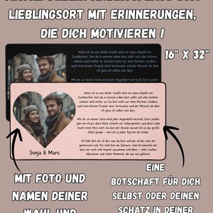 May include: A personalized framed print, 16" x 32", with a photo, names, and a handwritten message. The design features a heart-shaped photo and text in German, ideal for a workspace.
