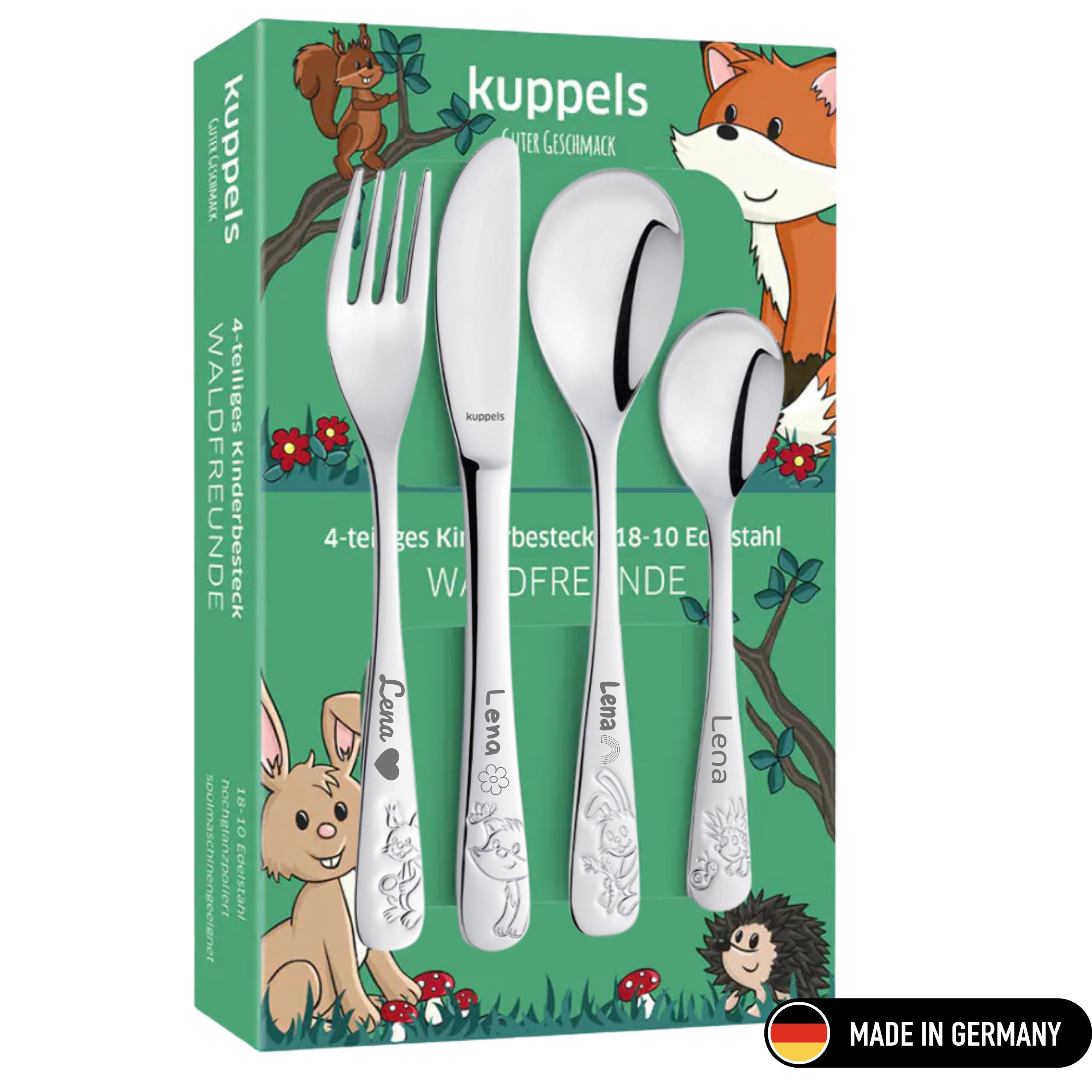 Kuppels Kinderbesteck Waldfreunde 4-teiliges Set Edelstahl 18/10 | personalisiert mit Gravur
