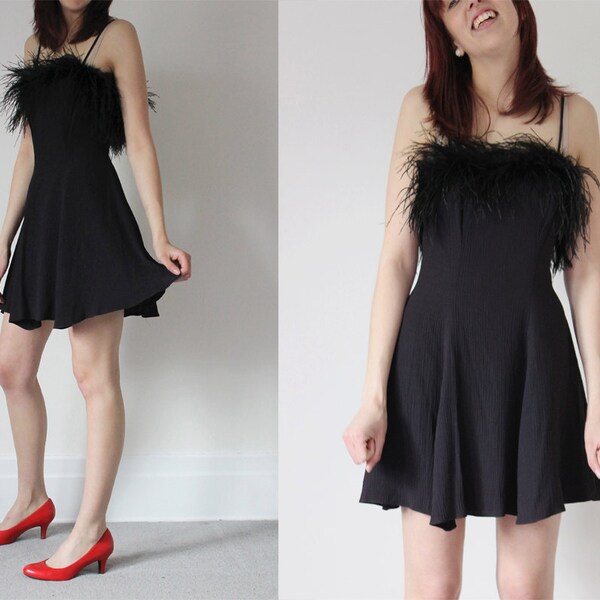 Vintage 80s 90s Black Ostrich FEATHER Crepe Fabric Spaghetti Strap Flirty Grunge LBD Circle Skirt Mini Dress - XS / S Small