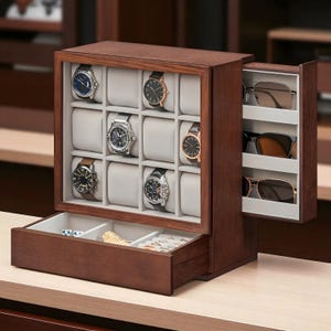 Luxury Wood Watch Box with Sunglasses & Jewelry Storage – Organizer for Men’s Accessories, 12 Slots + Drawer + Side Rack