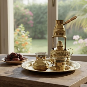 Service à café fait main en laiton égyptien - Cezve Ibrik turc traditionnel arabe avec plateau - Fabriqué artisanalement au Caire - Cadeau de pendaison de crémaillère