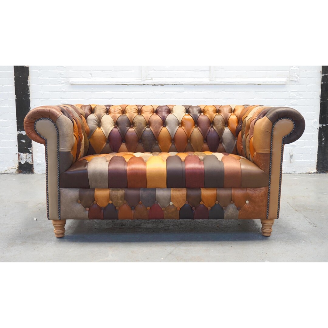 Handmade Chesterfield Sofa in Brown Patchwork Leather (2 Seater) - Etsy UK