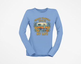 Grace Travels RV life Retro Camper Long Sleeve Tee | Vintage Floral Camper, Christian camping T-shirt, RV life shirt, camping shirt