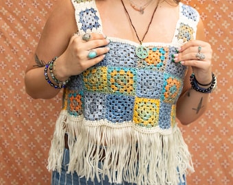 Crochet Wearables Granny Square Fringe Top