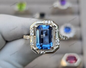 Emerald Cut Blue Topaz Ring, 925 Solid Sterling Silver Engagement Ring, Gift for her