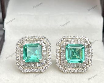 Emerald Halo Stud Earrings, 925 Sterling Silver, Dainty Fine Jewellery