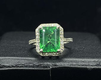 Emerald Halo Ring, 925 Sterling Silver Engagement Ring, Gift For Her