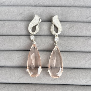 Peach Morganite Earrings, 925 Solid Sterling Silver Earrings, Teardrop Dangle Earrings, Elegant Gift For Her