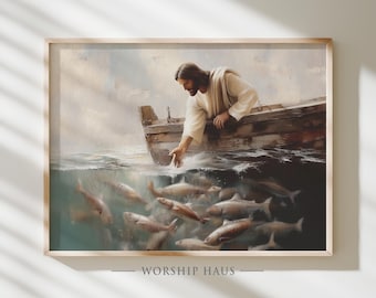 The Miraculous Catch of Fish Christian Painting - Biblical Scene Wall Art, Vintage Devotional Art Print, Bedroom Decor, INSTANT DOWNLOAD 354