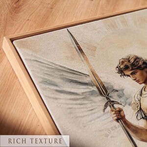 Angelic figure with large wings and a golden halo, illustrating divine guidance and warmth; poster for prayer room.