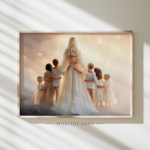 Puede incluir: Impresión enmarcada que presenta a una mujer con un vestido blanco rodeada de niños. La obra de arte tiene una calidad suave y etérea con una paleta de colores cálidos. El texto "WORSHIP HAUS" está en la parte inferior.