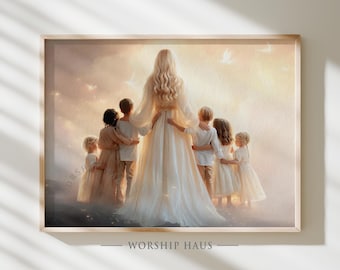 Plakat z Niebiańską Matką i Duchowymi Dziećmi, Feministyczna Sztuka Rodzinna, Chrześcijańska Dekoracja Ścienna z Bogiem Matką, Mormonem Świętym w Dniach Ostatnich POBIERZ