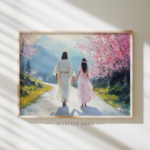 The Bride Walks with the Risen King Printable Christian Art Jesus and Bride Scene Spring Path Poster Faith Painting Digital Bible Decor 277