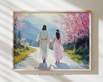 De bruid loopt met de verrezen koning afdrukbare christelijke kunst Jezus en bruid scène lente pad poster geloof schilderij decor digitale bijbel 277