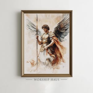 Vibrant watercolor archangel with rust cloak and sunburst halo, reflecting protective love; digital print for nursery.
