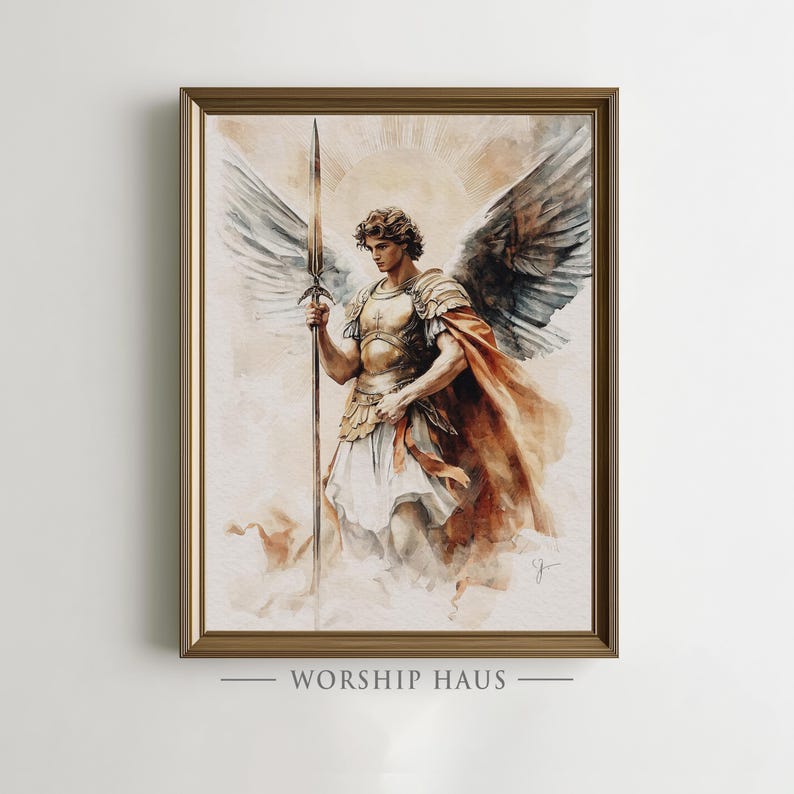 Vibrant watercolor archangel with rust cloak and sunburst halo, reflecting protective love; digital print for nursery.