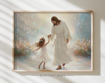 Jesus Dancing with Little Girl Christian Wall Art Joyful Faith Scene Savior with Child Digital Poster Bible Printable LDS Painting