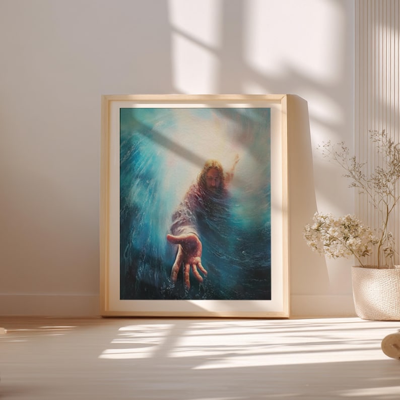 Jesus Reaching Into Water Christian Wall Art Saving Hand Scene ...
