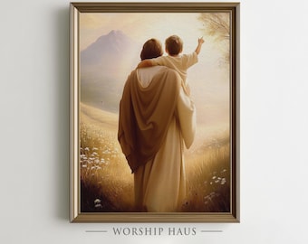 Warm Christian Art Jesus with Child - Digital Painting, Inspirational Wall Decor, Christ in Pastoral Meadow, Printable Nursery Picture