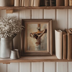 Christ’s sacrifice on the cross with soft light, symbolizing hope; painting for a prayer room.