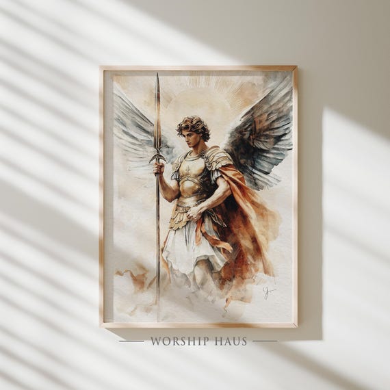 Michael the Archangel Warrior Christian Art Protector with Sword Scene Heavenly Defender Poster Bible Verse Wall Digital Printable
