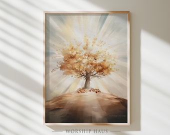 May include: A framed watercolor print of a tree on a hill, bathed in golden light. The artwork features a detailed tree with autumn-colored leaves, set against a backdrop of radiating light. The print is framed in a light wood frame, with the text "WORSHIP HAUS" at the bottom.