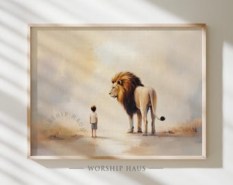 May include: A framed art print featuring a watercolor painting of a lion and a child. The lion has a large brown mane and is facing the child. The child is wearing a white shirt and gray shorts. The text "WORSHIP HAUS" is at the bottom.