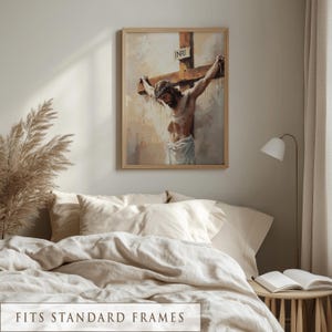 Crucifixion scene with a textured paint style, capturing somber faith; printable wall art for a prayer room.