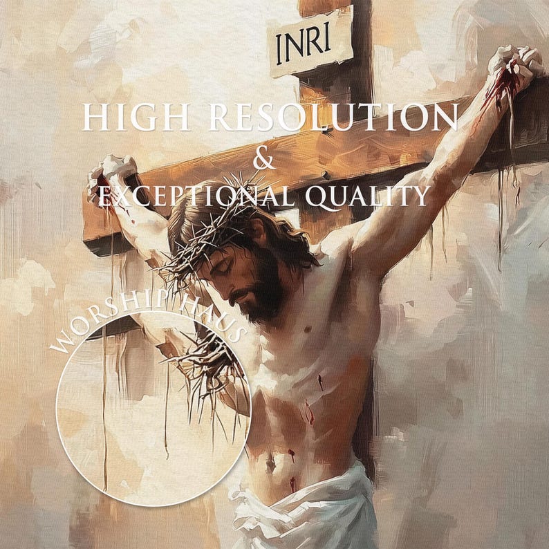 Jesus crucified, radiating divine presence amidst textured brushwork; digital wall art for a prayer room.