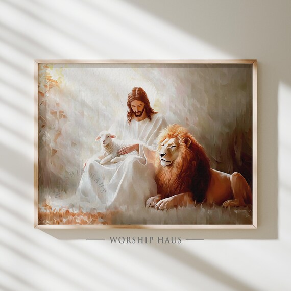 Religione Arte Poster Gesù E Leone E Agnello Arte Cristiana Poster Tela Pittura Stampe Da Parete Immagine Per Camera Home Decor 40X50Cm Senza Telaio