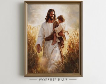 Inspirational Christian Art Digital Print - Jesus Hugging Child in Serene Field, Pastoral Religious Painting, Printable Faith Wall Art