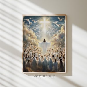 May include: A framed religious art print depicting a figure with outstretched arms, surrounded by a crowd of people and doves, with a cross in the sky. The artwork is in a warm color palette with a light wooden frame. The text "WORSHIP HAUS" is at the bottom.