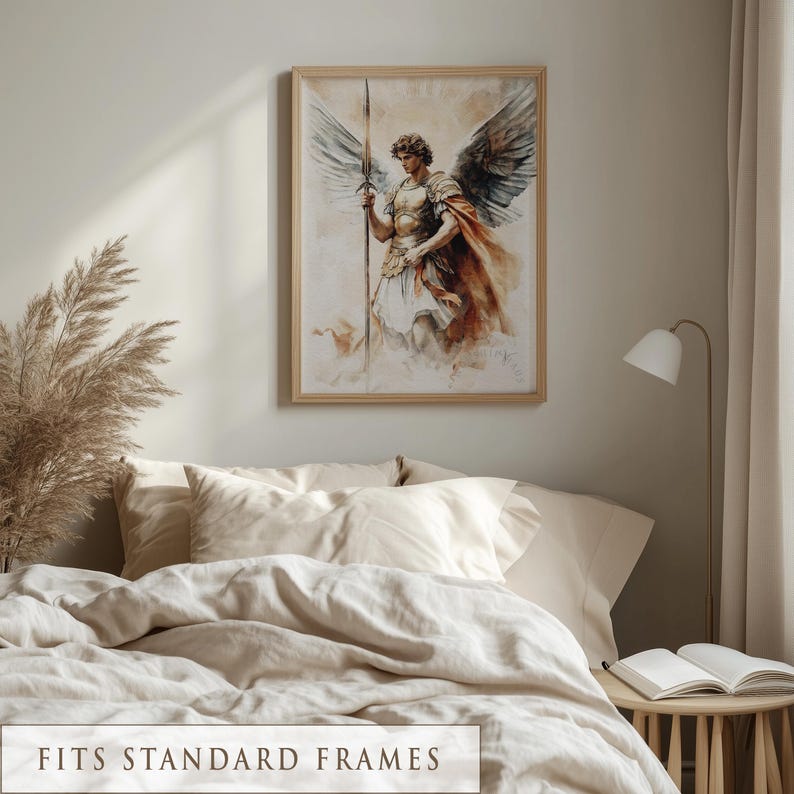 Tall archangel with detailed wings and armor, engulfed in soft radiance playfully highlighting the spiritual realm; wall decor for prayer room.