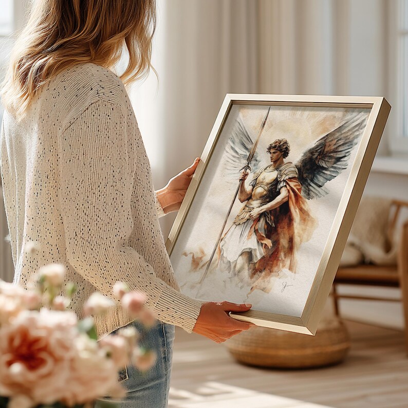 Standing angelic warrior with expansive wings and flowing rust cloak, exuding divine protection; printable wall art for living room.