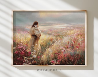 He Carries Me Christian Wall Art Jesus Holding Lamb in Flower Field Gentle Shepherd Scene Bible Verse Poster Digital Painting LDS