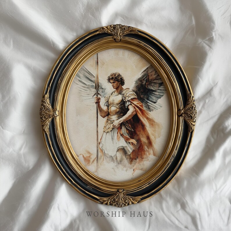 Elegant archangel figure wielding a spear, radiating serene energy with flowing robes; digital print for living room.