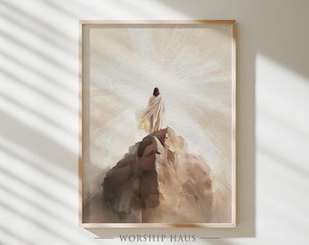 The Rock of Ages Christian Wall Art Jesus on Mountain Top Light of Heaven Scene Faith Poster Bible Verse Digital Painting Printable