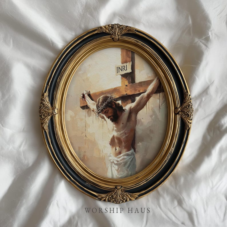 Jesus Christ crucified, evoking themes of salvation and faith; artwork for a prayer room.