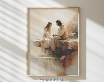 The Teacher and the Listener Christian Painting Jesus with Woman in Quiet Moment Bible Verse Scene LDS Digital Wall Art Printable