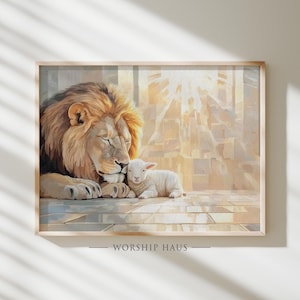 The Lion Lays with the Lamb Modern Christian Art Prophetic Peace Scene Bible Poster Printable Digital Painting Religious Faith Decor 284