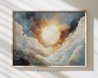 Quarto giorno della creazione, arte murale cristiana, sole tra le nuvole, scena della Genesi, momento di luce biblico, poster digitale stampabile con versetto della Bibbia