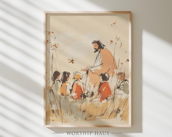 Childlike Faith Watercolor Art - Printable Christian Nursery Wall Decor, Jesus And Children Artwork, Sacred Art Print Digital Download 278